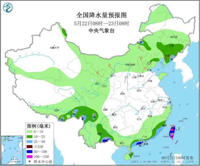 全国降水量预报图(5月22日8时-23日0时)
华南地区强降水趋于结束 东北地区等地多阵雨天气